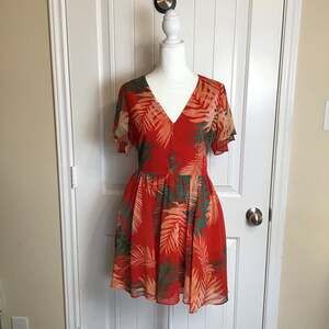Rebecca Minkoff Crosby Mini Dress Red Tropical Palm Print Size 2